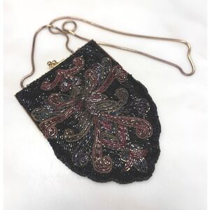 Andre Cellini Vintage Beaded Evening Bag Black Art Deco Gold Kiss‎ Lock Clutch